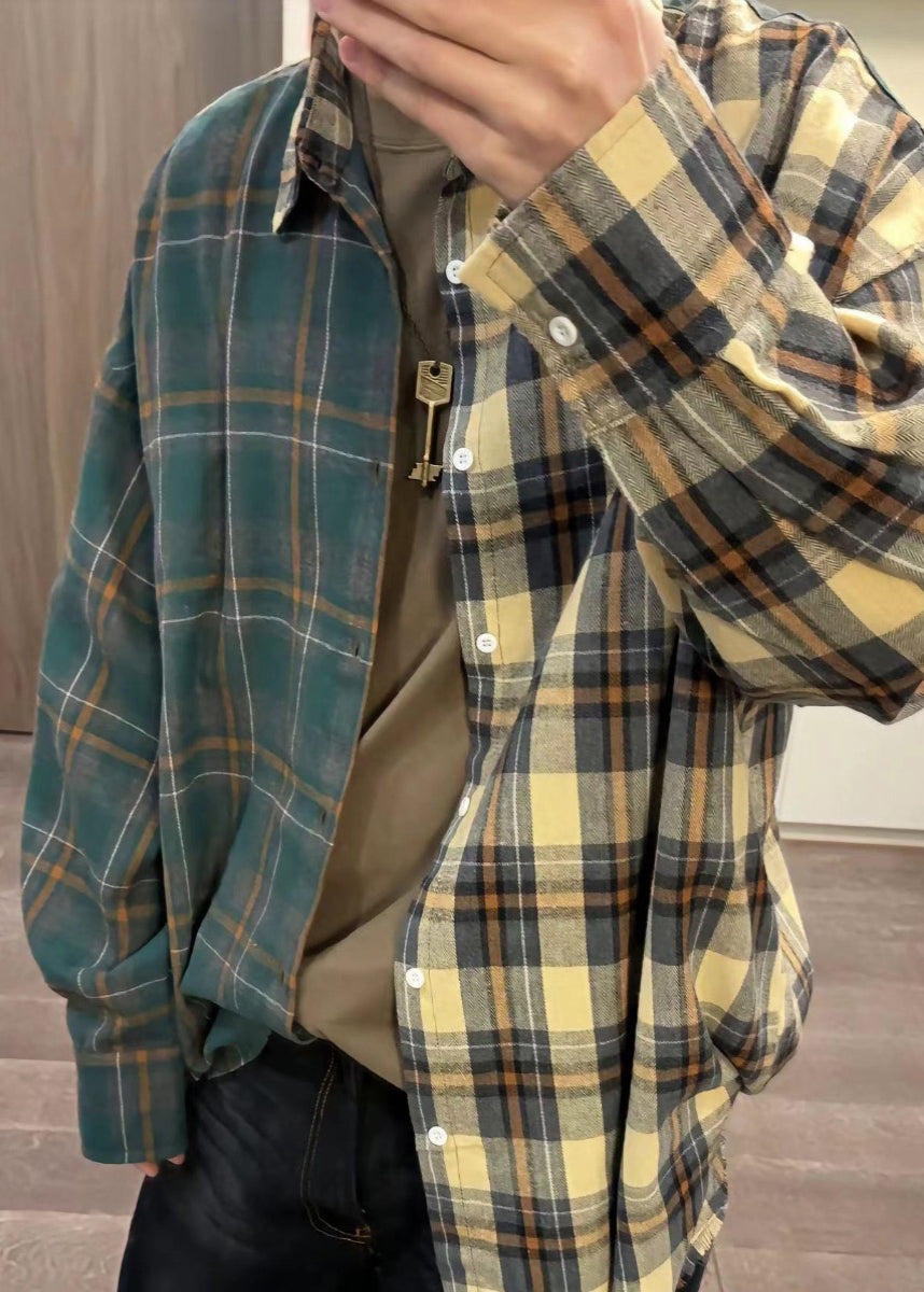 Loose Asymmetrical Plaid Button Cotton Mens Shirts Spring