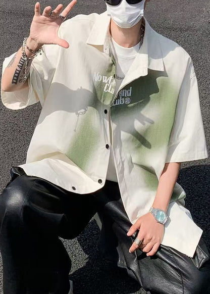 Loose Beige Gradient Color Letter Cotton Men Shirts Spring