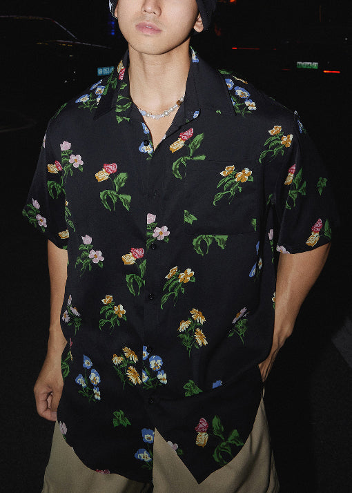 Loose Black Peter Pan Collar Print Cotton Men Shirt Summer