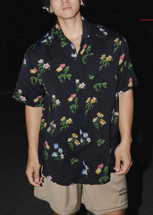 Loose Black Peter Pan Collar Print Cotton Men Shirt Summer