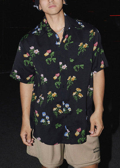 Loose Black Peter Pan Collar Print Cotton Men Shirt Summer