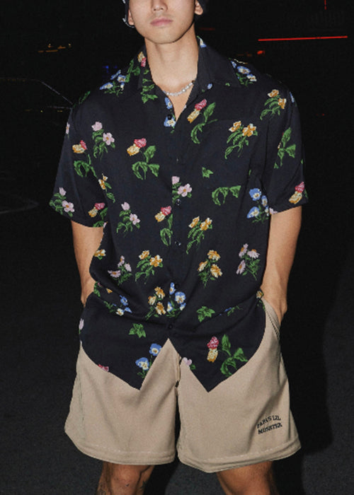 Loose Black Peter Pan Collar Print Cotton Men Shirt Summer