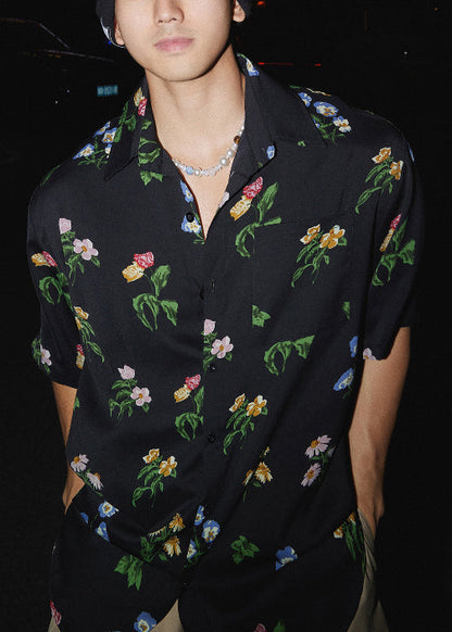 Loose Black Peter Pan Collar Print Cotton Men Shirt Summer