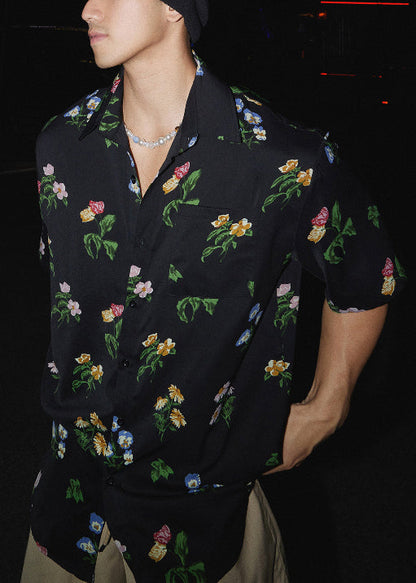 Loose Black Peter Pan Collar Print Cotton Men Shirt Summer