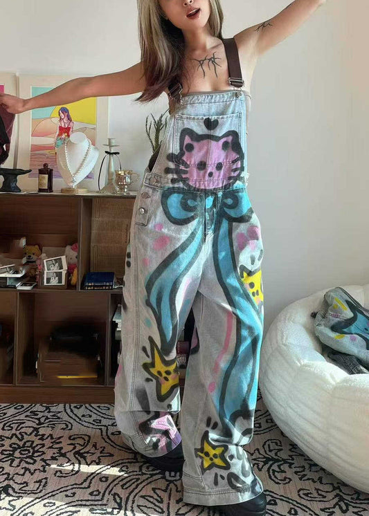 Jumpsuit Loose Dye Patchwork Pockets Tie Little Cats Summer Blue Denim