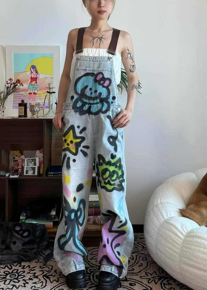 Jumpsuit Loose Dye Patchwork Pockets Tie Little Cats Summer Blue Denim