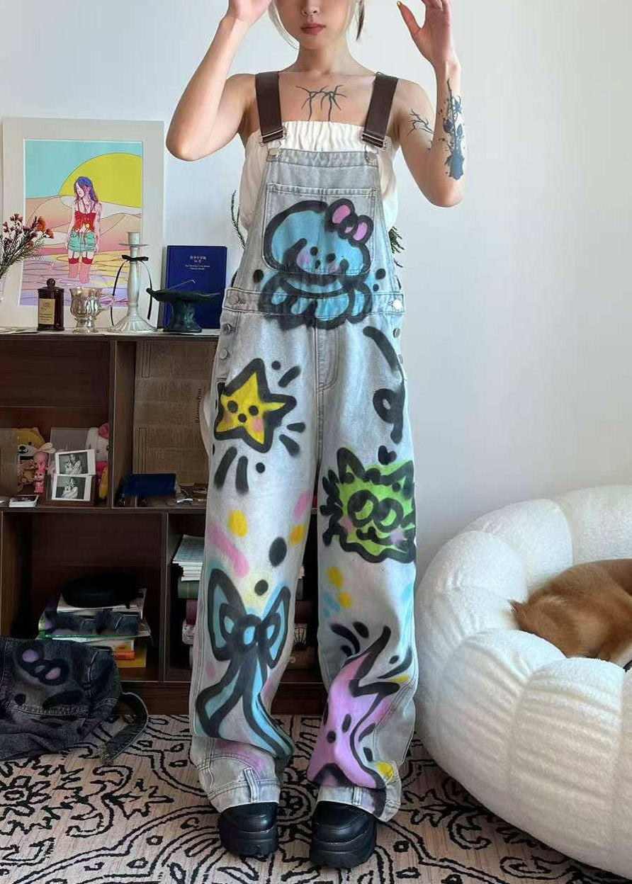 Jumpsuit Loose Dye Patchwork Pockets Tie Little Cats Summer Blue Denim