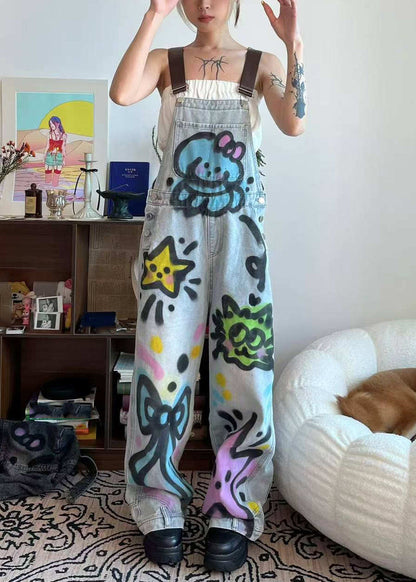 Jumpsuit Loose Dye Patchwork Pockets Tie Little Cats Summer Blue Denim