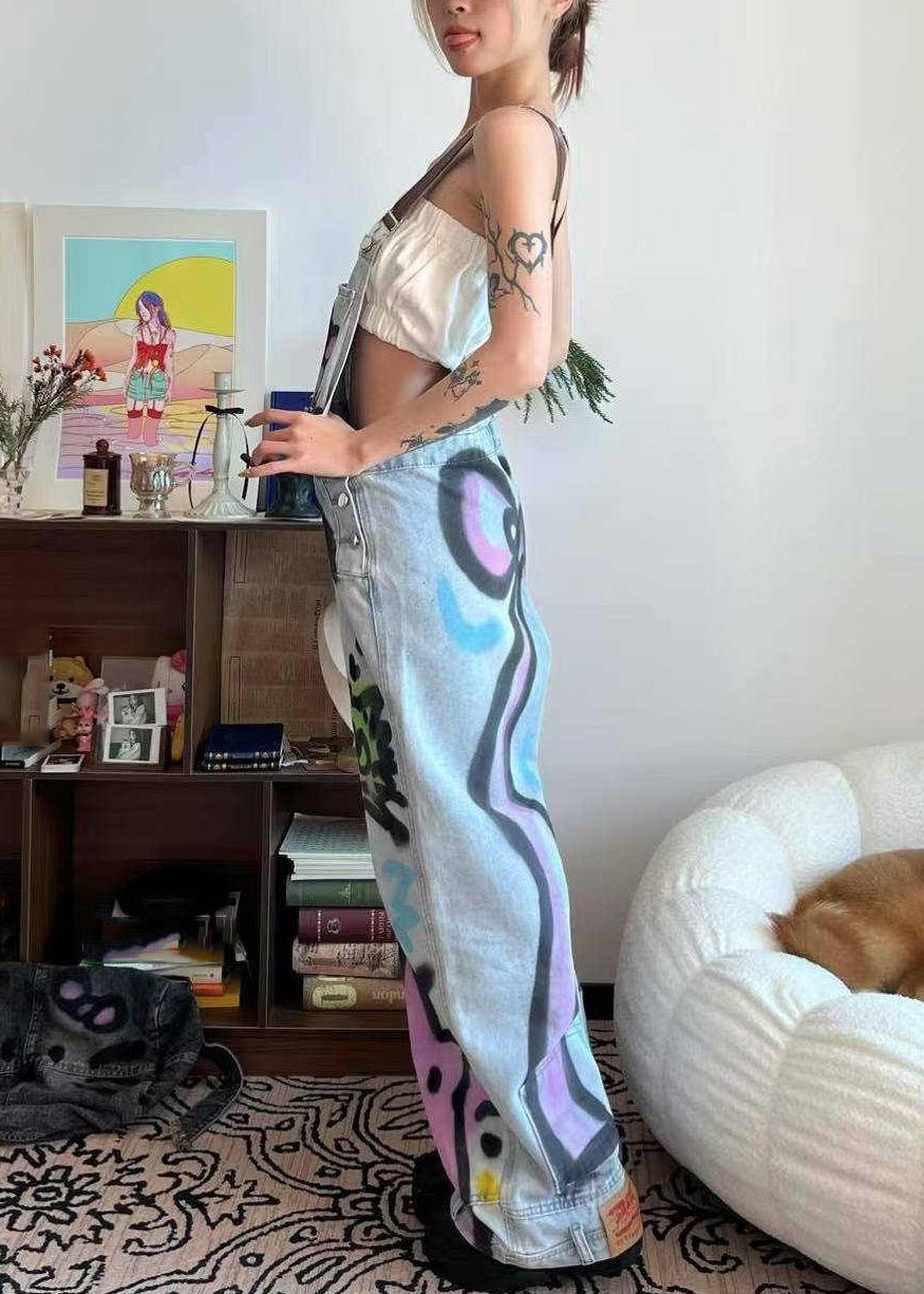 Jumpsuit Loose Dye Patchwork Pockets Tie Little Cats Summer Blue Denim