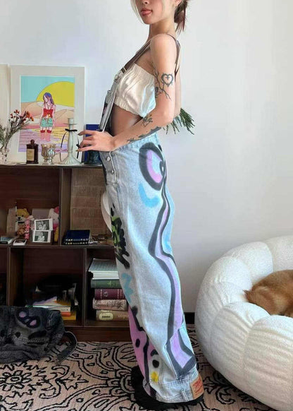 Jumpsuit Loose Dye Patchwork Pockets Tie Little Cats Summer Blue Denim