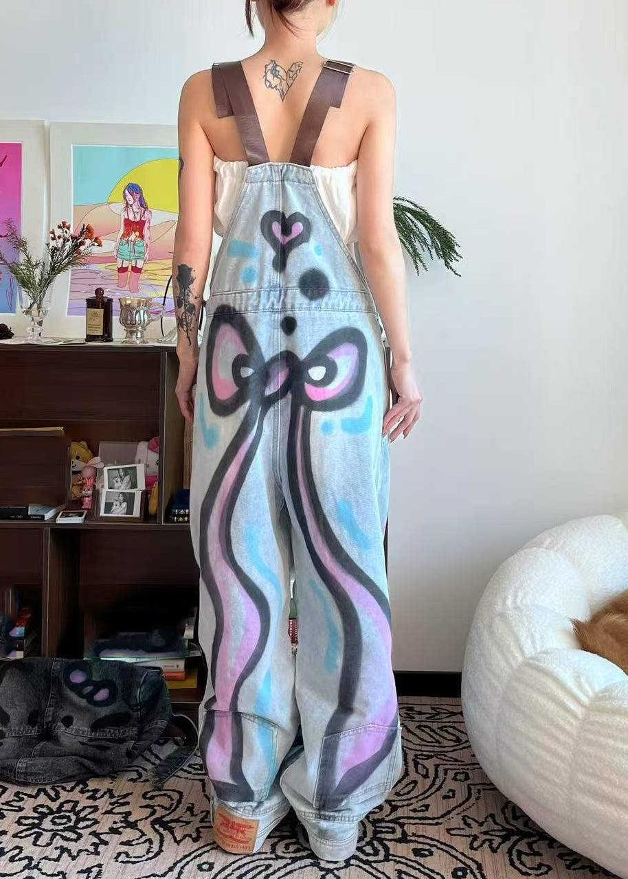 Jumpsuit Loose Dye Patchwork Pockets Tie Little Cats Summer Blue Denim