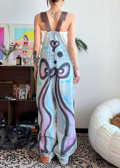 Jumpsuit Loose Dye Patchwork Pockets Tie Little Cats Summer Blue Denim