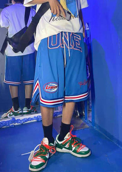 Loose Blue Print Elastic Waist Men Basketball Shorts Summer