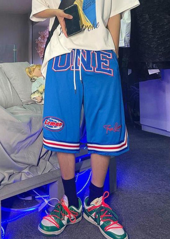 Loose Blue Print Elastic Waist Men Basketball Shorts Summer