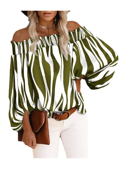 Loose Blue Slash Neck Striped Cotton Shirt Tops Lantern Sleeve