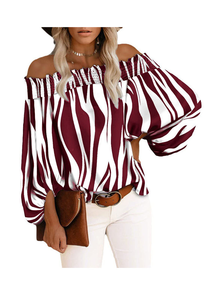 Loose Blue Slash Neck Striped Cotton Shirt Tops Lantern Sleeve