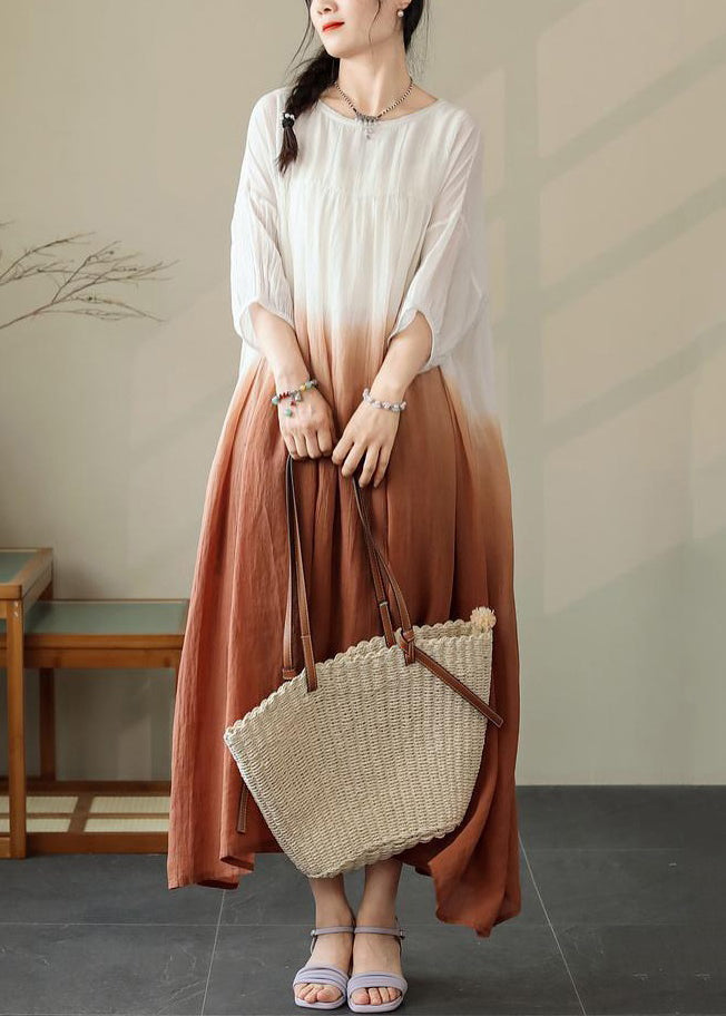 Loose Brown Gradient Color Pockets Cotton Dress Half Sleeve