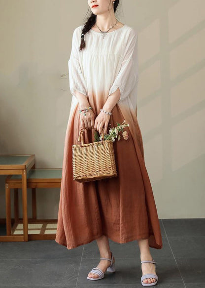 Loose Brown Gradient Color Pockets Cotton Dress Half Sleeve