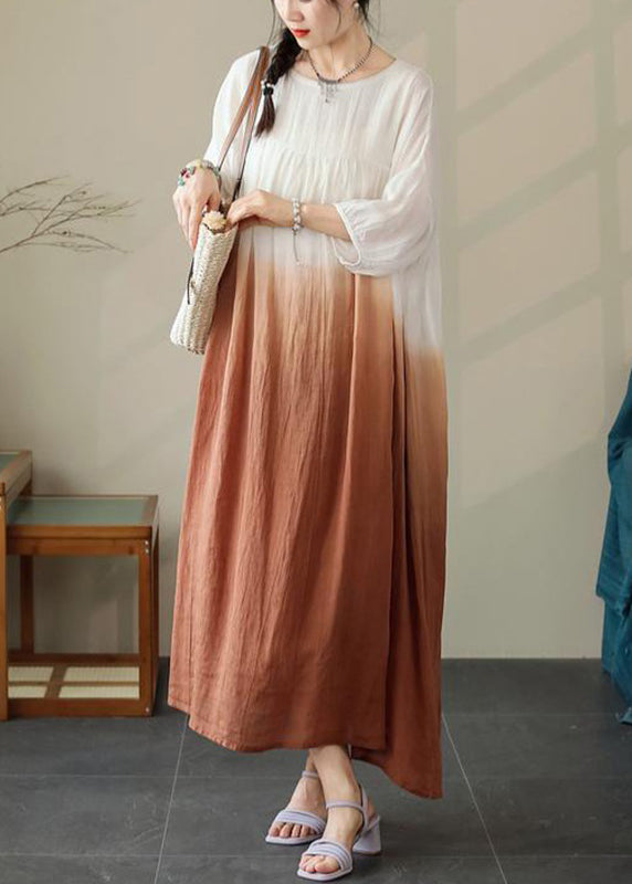 Loose Brown Gradient Color Pockets Cotton Dress Half Sleeve