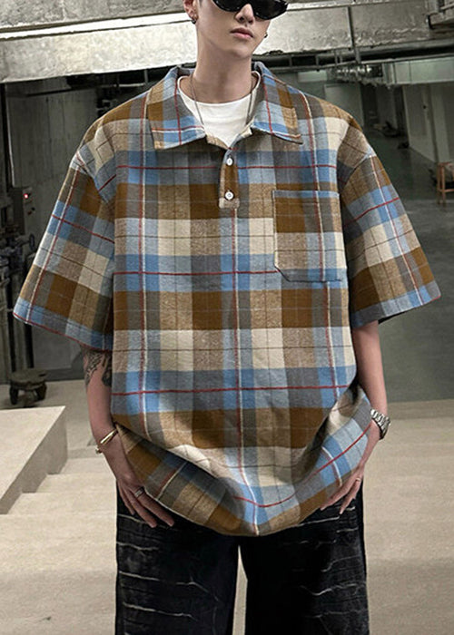 Loose Coffee Plaid Button Cotton Pullover Shirts Men Half Sleeve