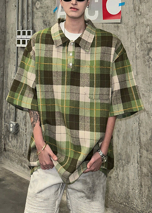 Loose Coffee Plaid Button Cotton Pullover Shirts Men Half Sleeve