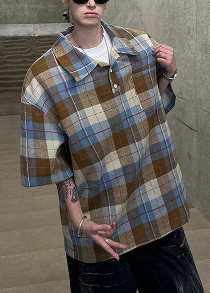 Loose Coffee Plaid Button Cotton Pullover Shirts Men Half Sleeve