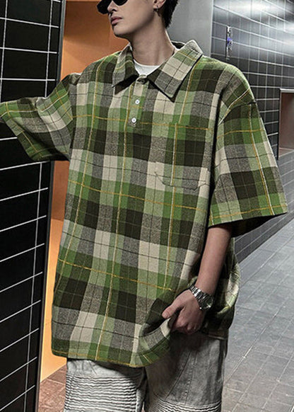 Loose Coffee Plaid Button Cotton Pullover Shirts Men Half Sleeve