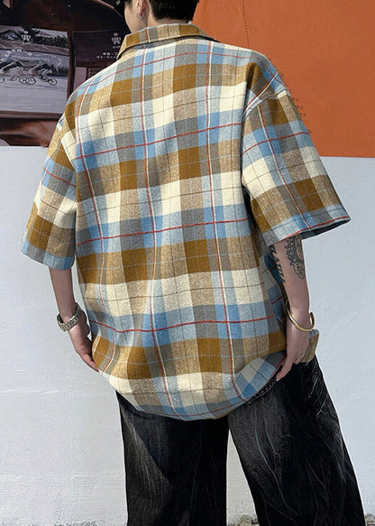 Loose Coffee Plaid Button Cotton Pullover Shirts Men Half Sleeve