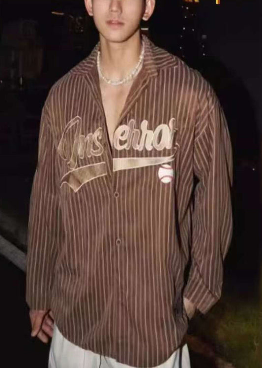 Loose Coffee Striped Letter Cotton Shirts Men Spring