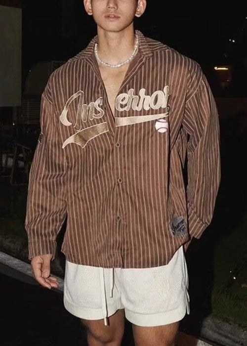 Loose Coffee Striped Letter Cotton Shirts Men Spring