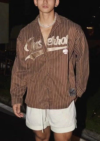 Loose Coffee Striped Letter Cotton Shirts Men Spring