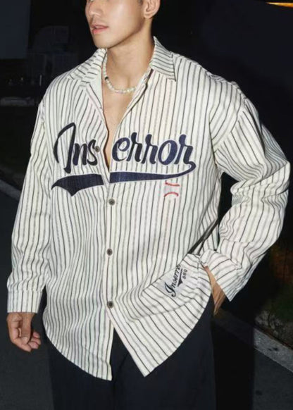 Loose Coffee Striped Letter Cotton Shirts Men Spring