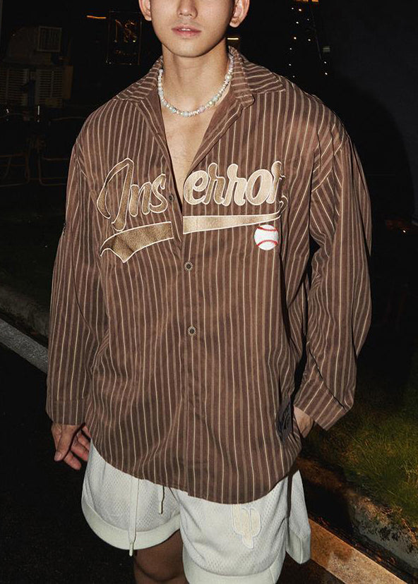 Loose Coffee Striped Letter Cotton Shirts Men Spring