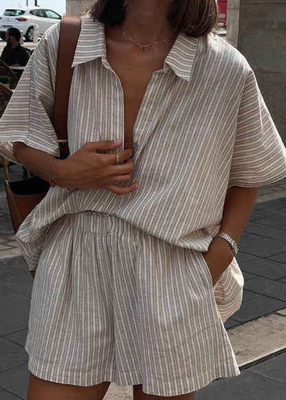 Striped Shorts Collar Shirts Sleeve And Pan Loose Pieces Peter Khaki Short Set Two
