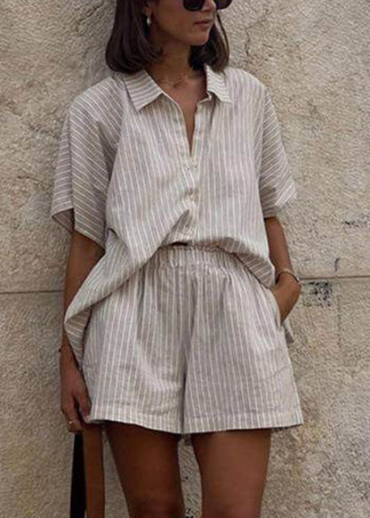 Striped Shorts Collar Shirts Sleeve And Pan Loose Pieces Peter Khaki Short Set Two