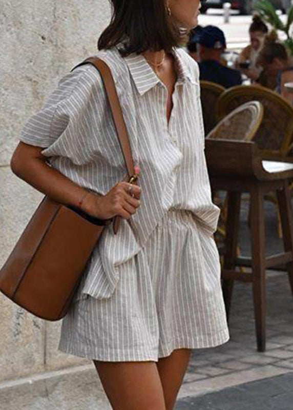 Striped Shorts Collar Shirts Sleeve And Pan Loose Pieces Peter Khaki Short Set Two