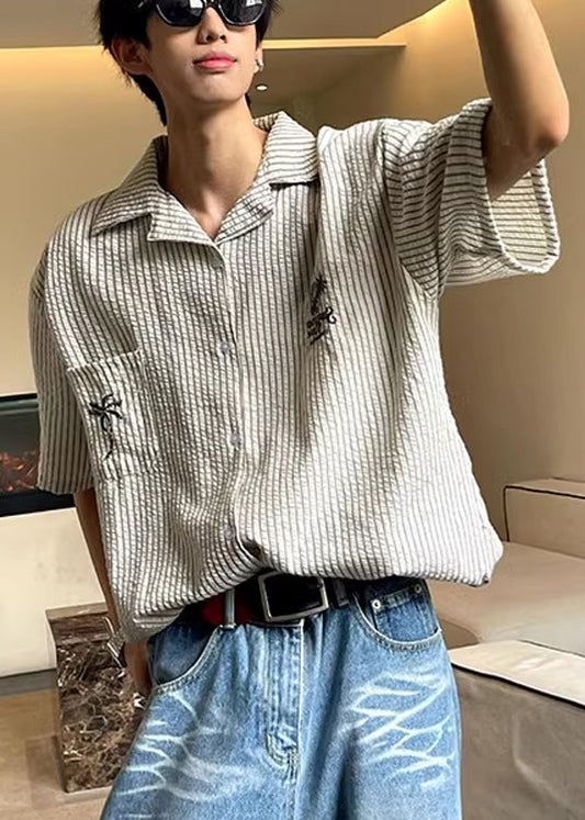 Loose Peter Pan Collar Striped Pockets Cotton Mens Shirts Summer