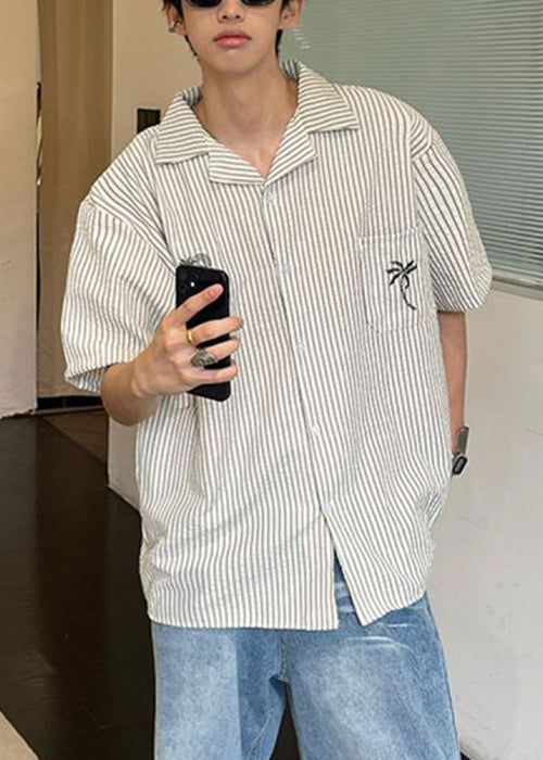 Loose Peter Pan Collar Striped Pockets Cotton Mens Shirts Summer