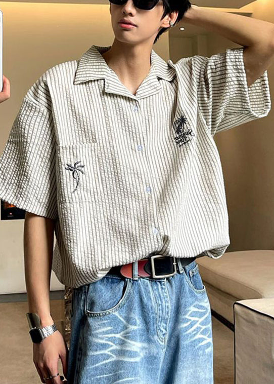 Loose Peter Pan Collar Striped Pockets Cotton Mens Shirts Summer