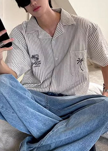 Loose Peter Pan Collar Striped Pockets Cotton Mens Shirts Summer