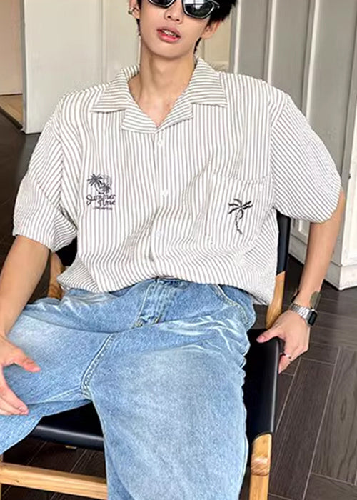 Loose Peter Pan Collar Striped Pockets Cotton Mens Shirts Summer