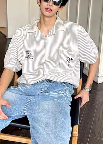 Loose Peter Pan Collar Striped Pockets Cotton Mens Shirts Summer