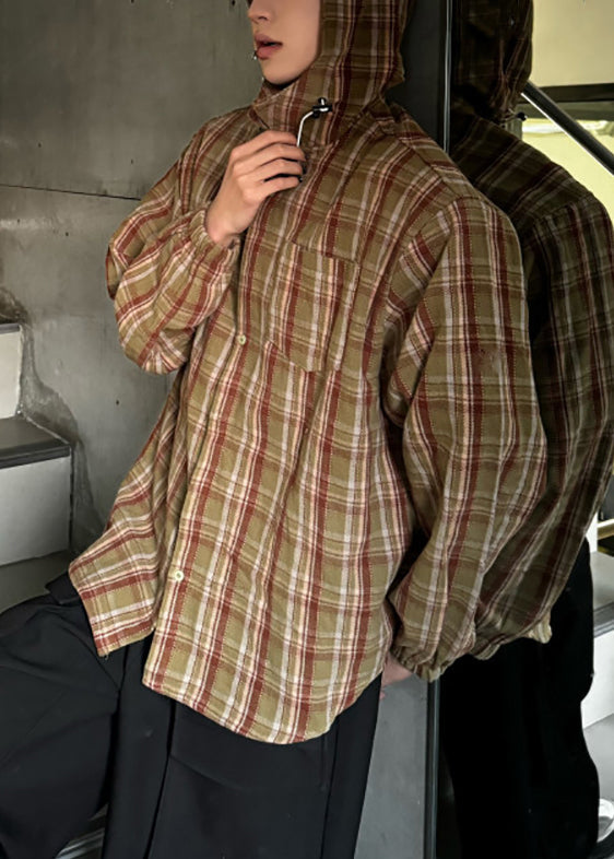 Loose Yellow Hooded Plaid Cotton Men Shirts Spring