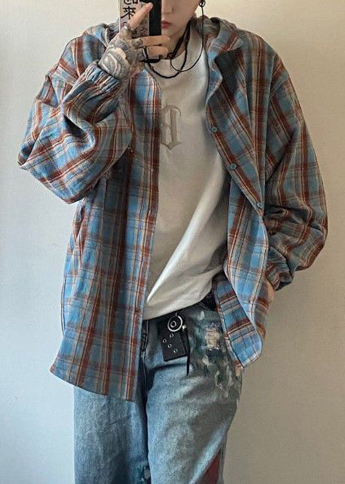 Loose Yellow Hooded Plaid Cotton Men Shirts Spring
