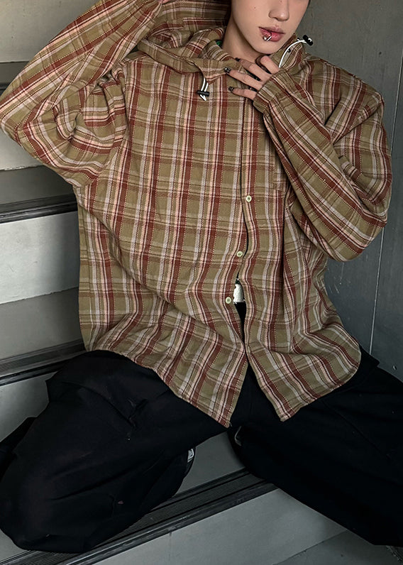 Loose Yellow Hooded Plaid Cotton Men Shirts Spring