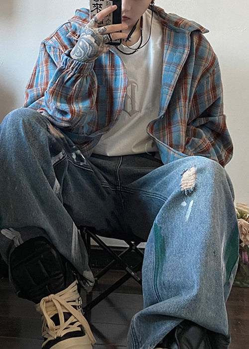 Loose Yellow Hooded Plaid Cotton Men Shirts Spring