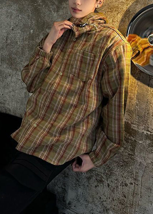 Loose Yellow Hooded Plaid Cotton Men Shirts Spring