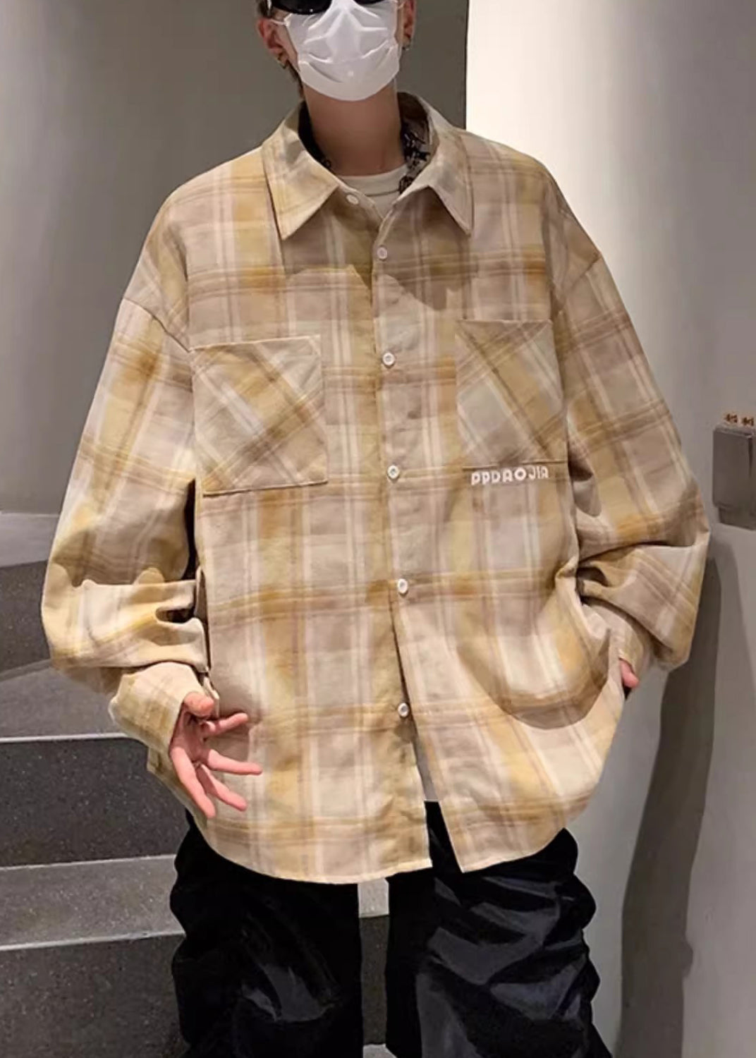 Loose Yellow Peter Pan Collar Plaid Pockets Cotton Shirt Men Spring