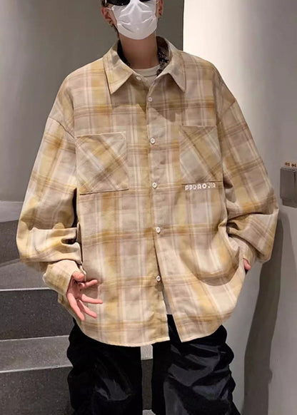 Loose Yellow Peter Pan Collar Plaid Pockets Cotton Shirt Men Spring