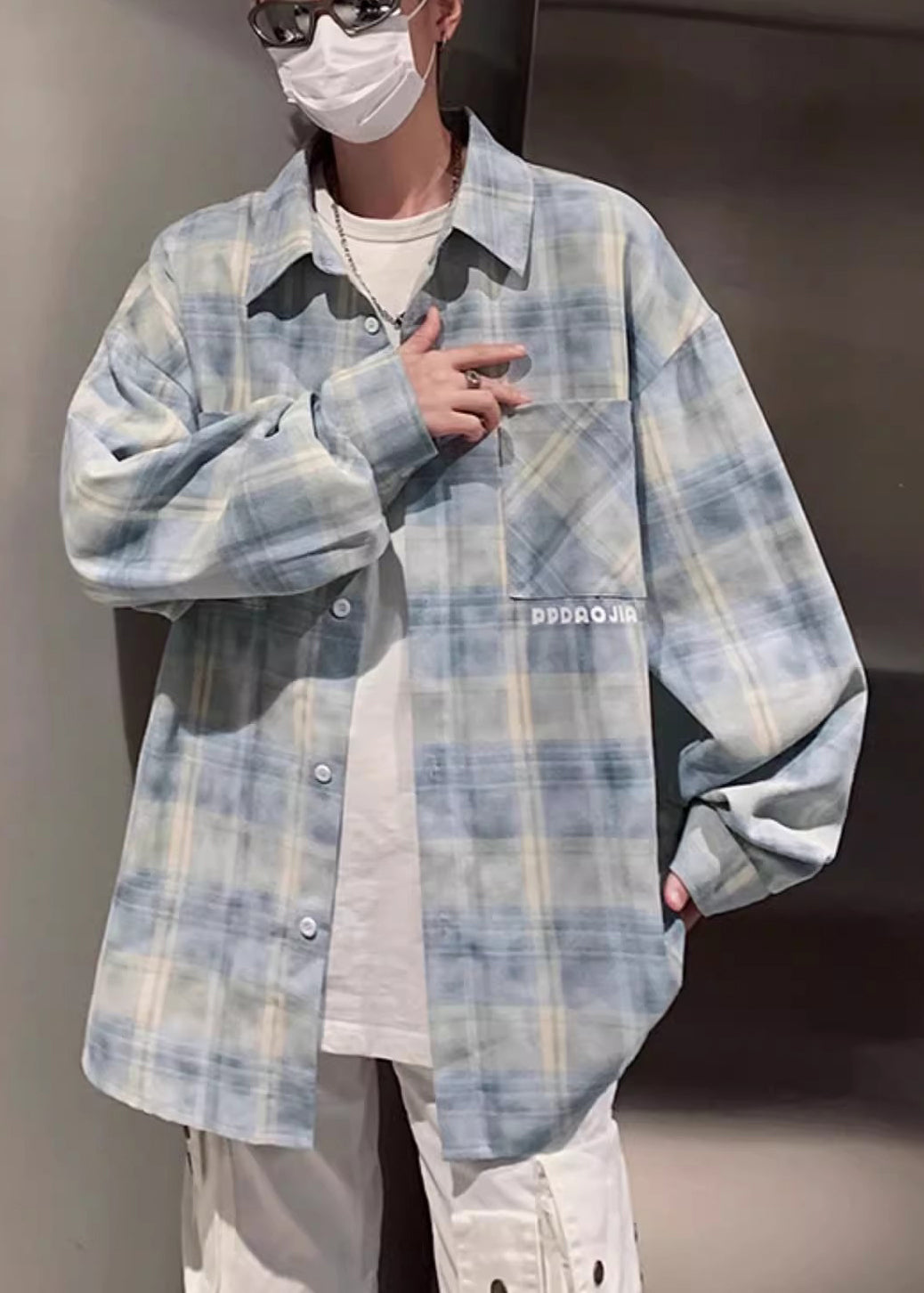 Loose Yellow Peter Pan Collar Plaid Pockets Cotton Shirt Men Spring